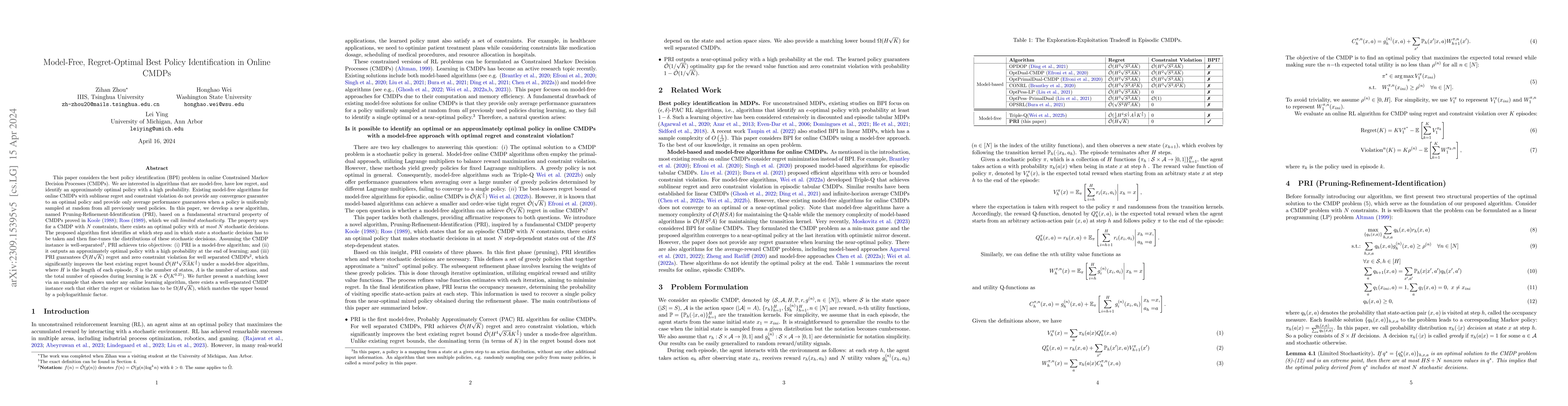 Thumbnail for Model-Free, Regret-Optimal Best Policy Identification in Online CMDPs