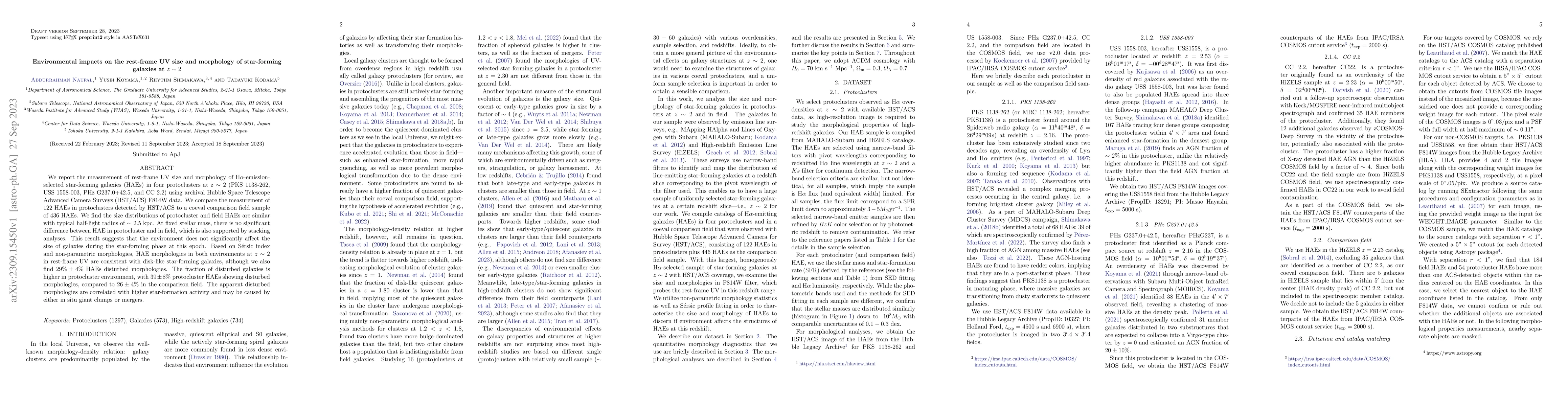 Thumbnail for Environmental impacts on the rest-frame UV size and morphology
  ofstar-forming galaxies at $z\sim2$