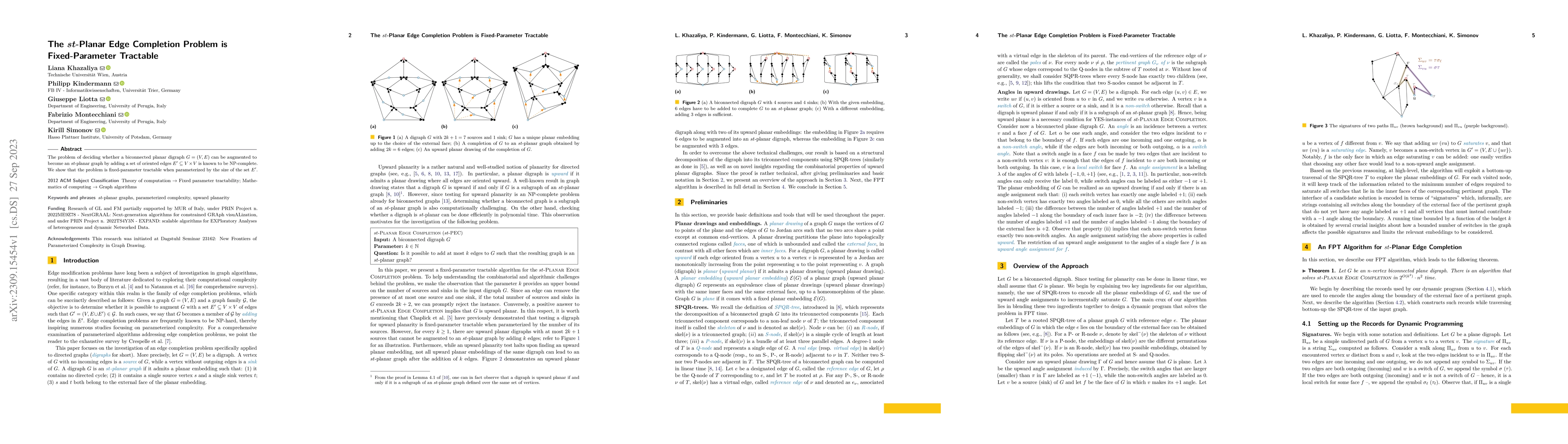 Thumbnail for The $st$-Planar Edge Completion Problem is Fixed-Parameter Tractable