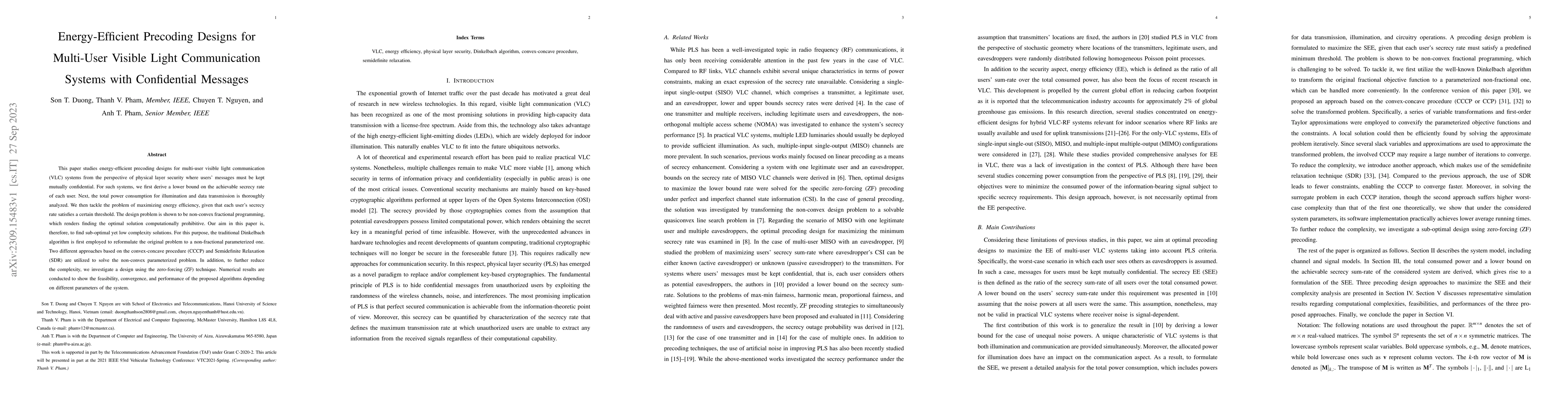 Thumbnail for Energy-Efficient Precoding Designs for Multi-User Visible Light
  Communication Systems with Confidential Messages