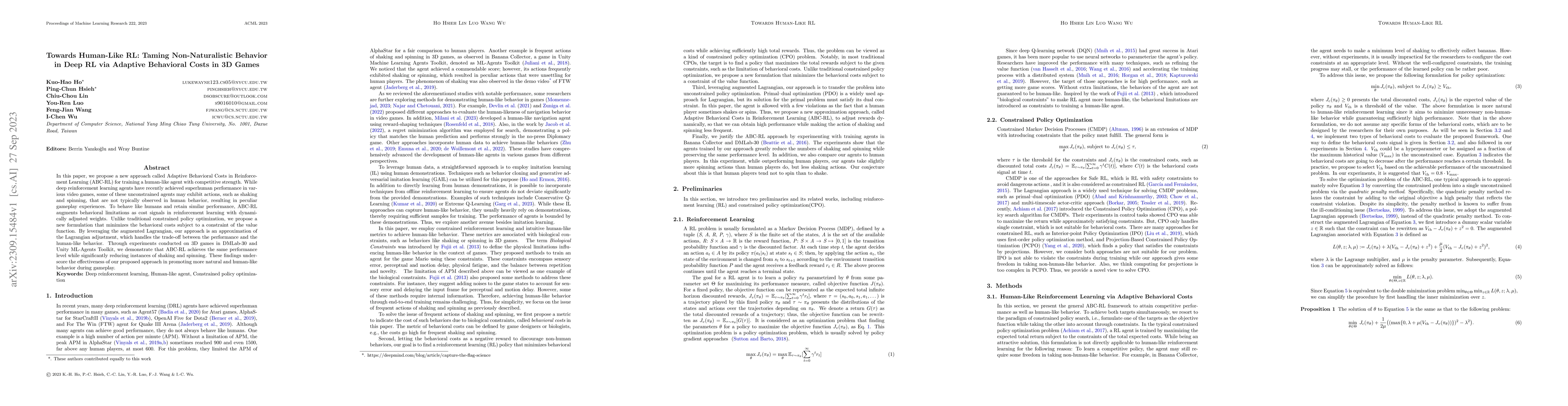 Thumbnail for Towards Human-Like RL: Taming Non-Naturalistic Behavior in Deep RL via
  Adaptive Behavioral Costs in 3D Games