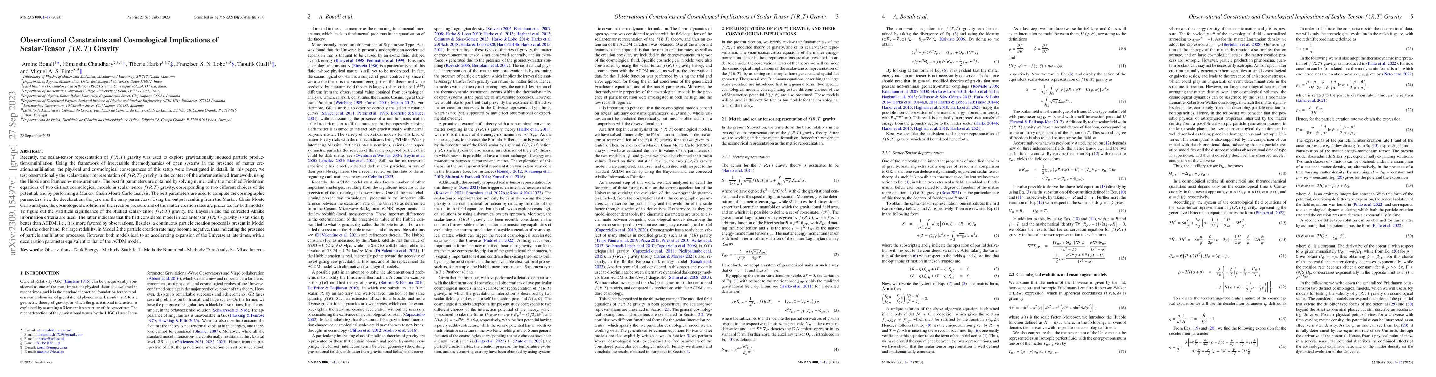 Thumbnail for Observational Constraints and Cosmological Implications of Scalar-Tensor
  $f(R, T)$ Gravity