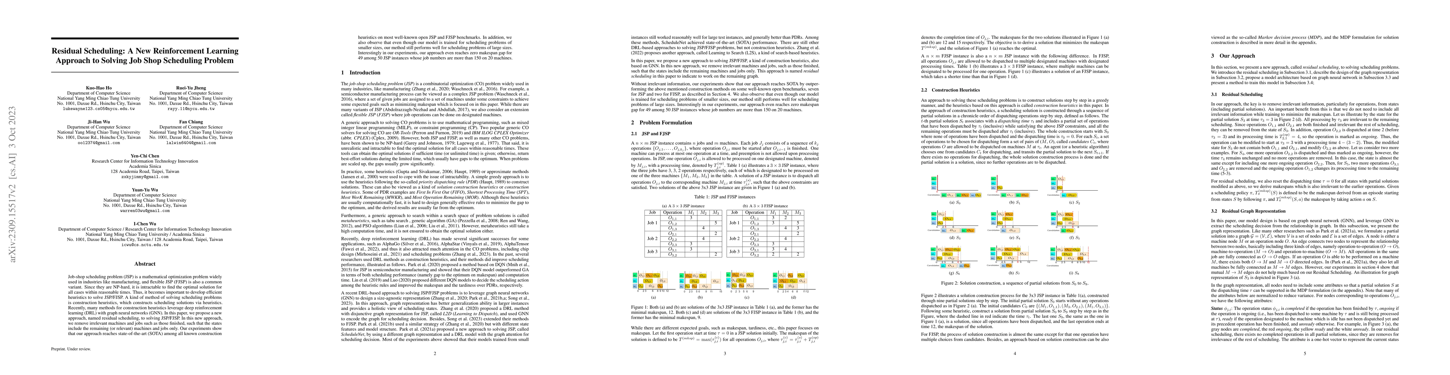 Thumbnail for Residual Scheduling: A New Reinforcement Learning Approach to Solving
  Job Shop Scheduling Problem