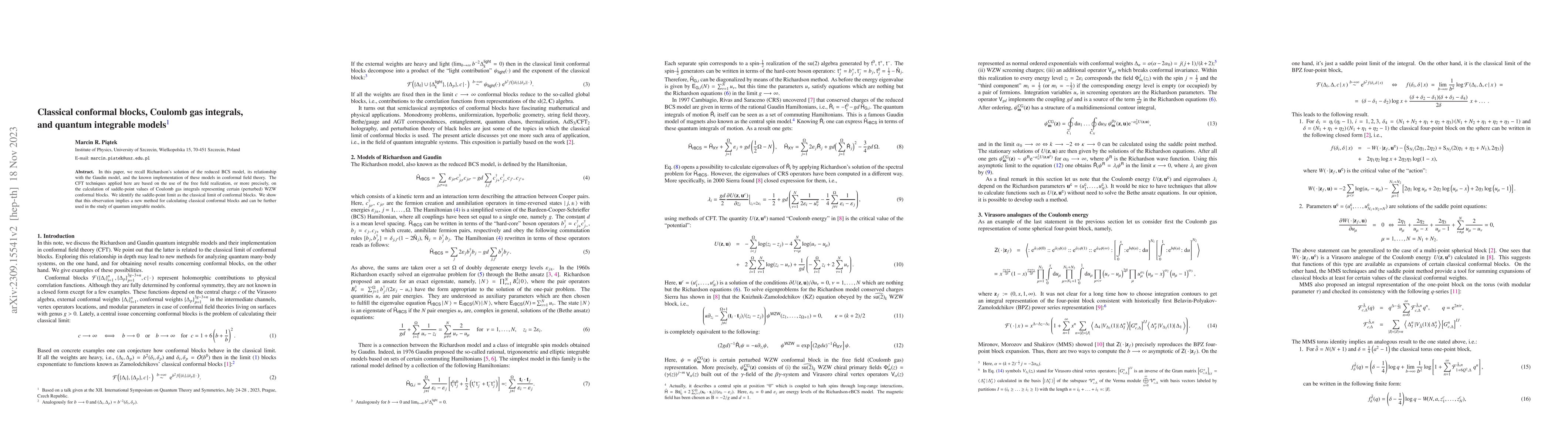 Thumbnail for Classical conformal blocks, Coulomb gas integrals, and quantum
  integrable models