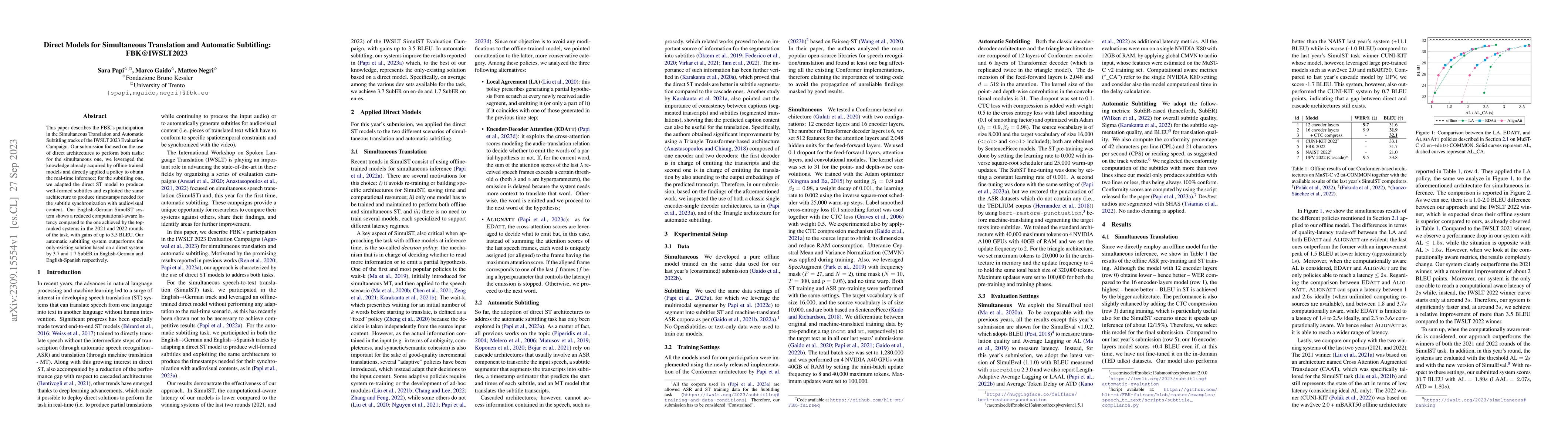 Thumbnail for Direct Models for Simultaneous Translation and Automatic Subtitling:
  FBK@IWSLT2023