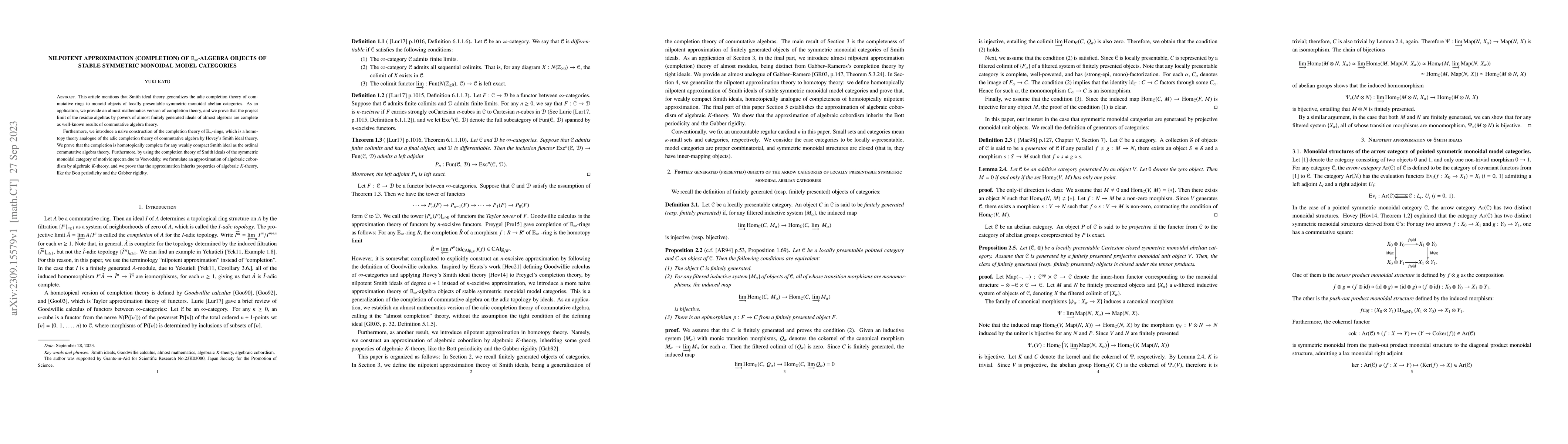 Thumbnail for Nilpotent approximation (completion) of $\mathbb{E}_\infty$-algebra
  objects of stable symmetric monoidal model categories