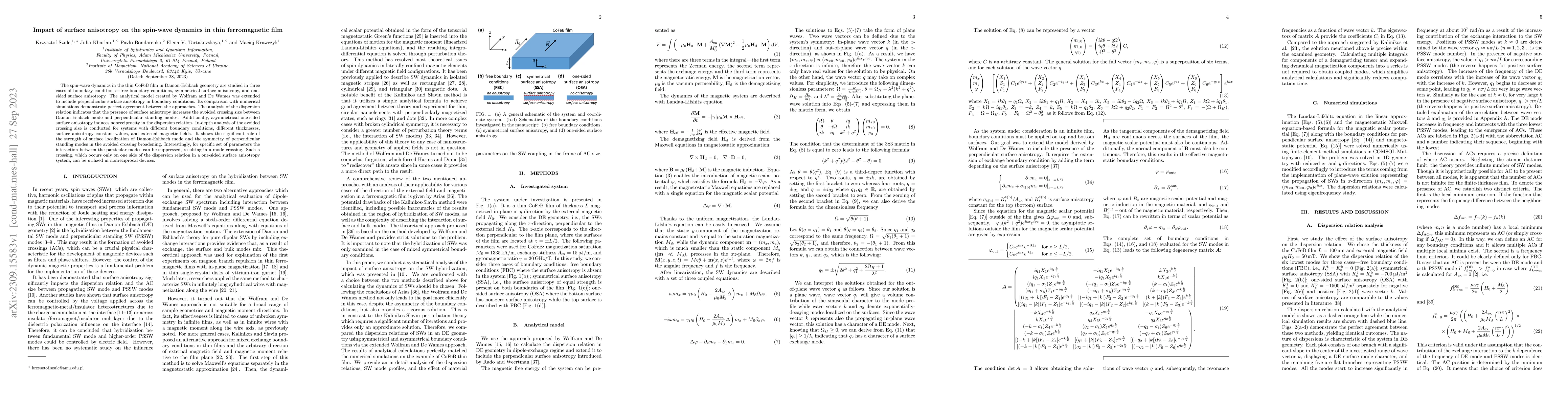 Thumbnail for Impact of surface anisotropy on the spin-wave dynamics in thin
  ferromagnetic film