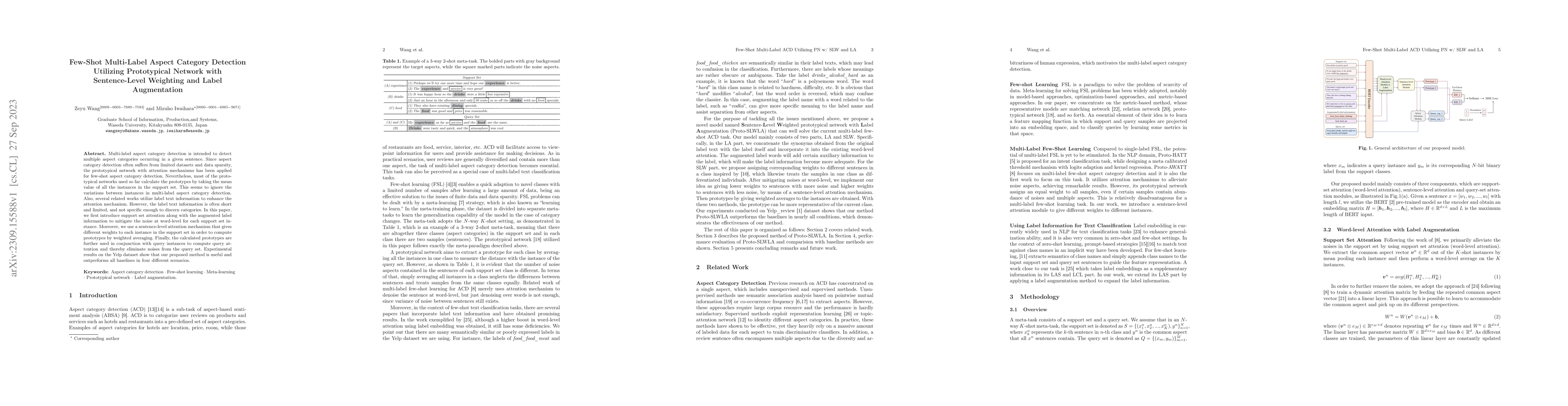 Thumbnail for Few-Shot Multi-Label Aspect Category Detection Utilizing Prototypical
  Network with Sentence-Level Weighting and Label Augmentation