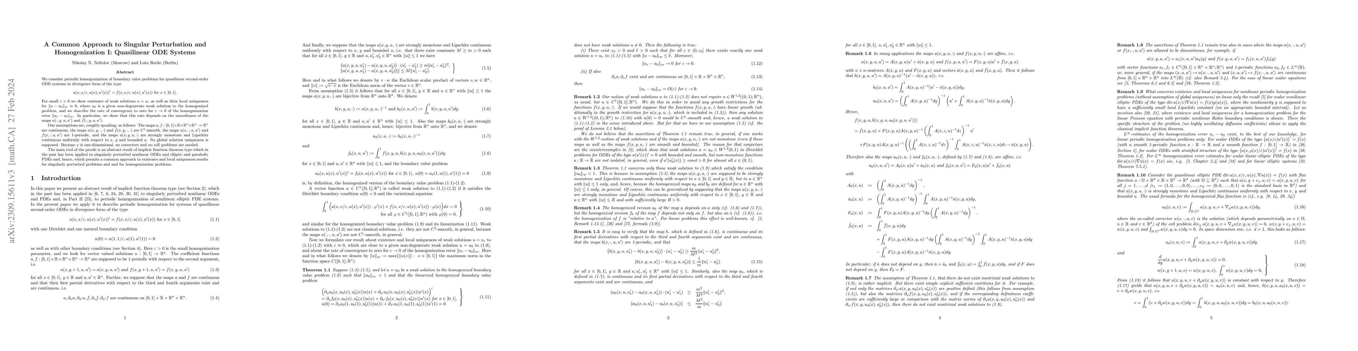 Thumbnail for A common approach to singular perturbation and homogenization I:
  Quasilinear ODE systems