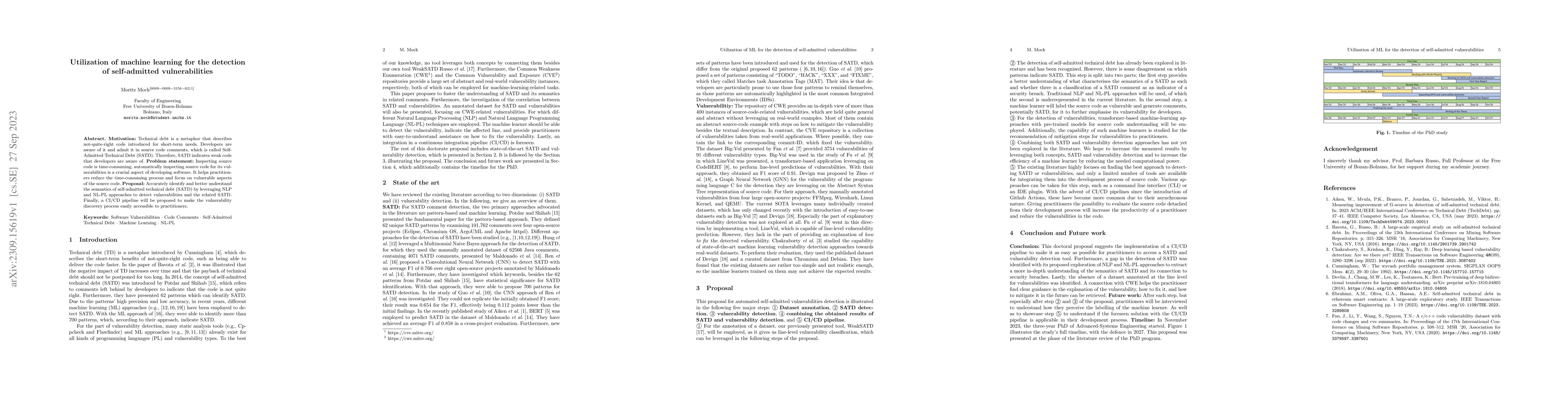 Thumbnail for Utilization of machine learning for the detection of self-admitted
  vulnerabilities