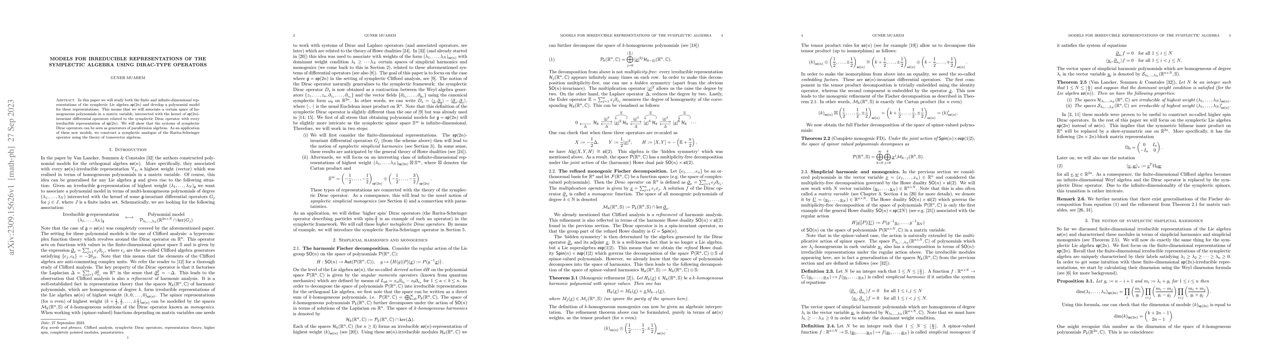 Thumbnail for Models for irreducible representations of the symplectic algebra using
  Dirac-type operators