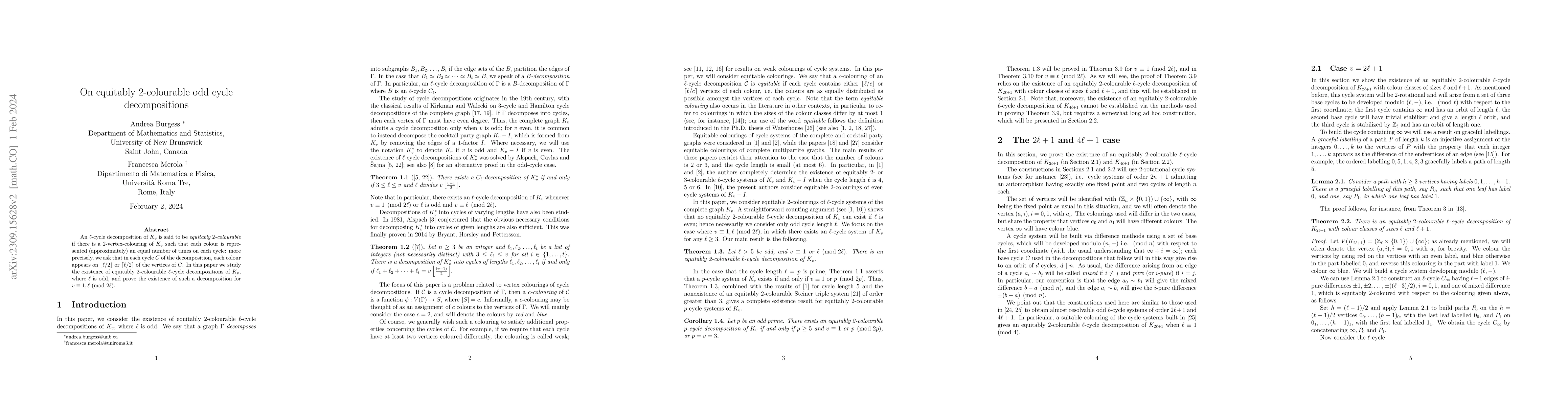 Thumbnail for On equitably 2-colourable odd cycle decompositions