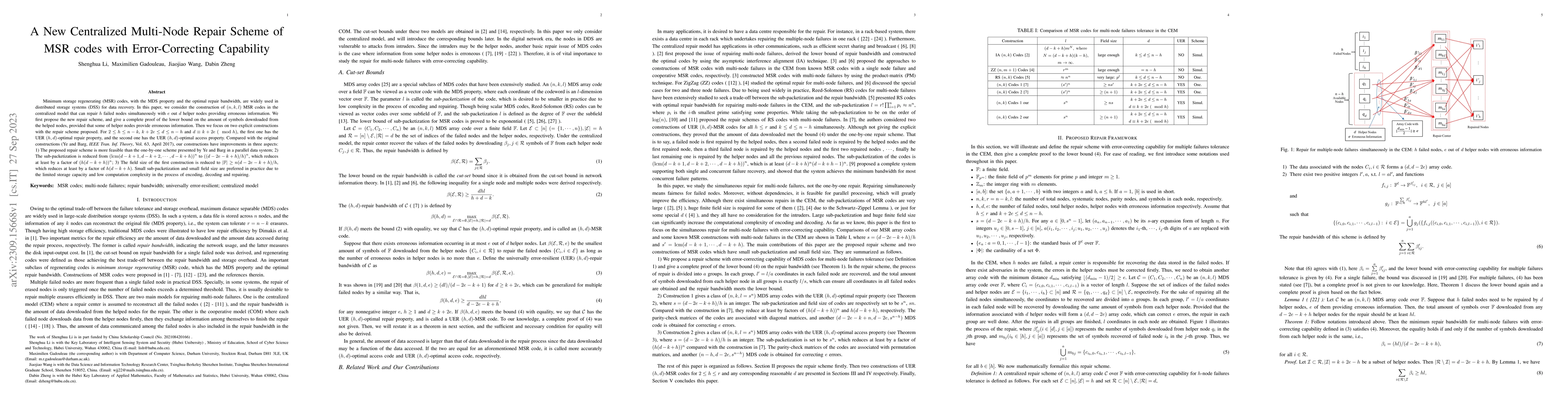 Thumbnail for A New Centralized Multi-Node Repair Scheme of MSR codes with
  Error-Correcting Capability