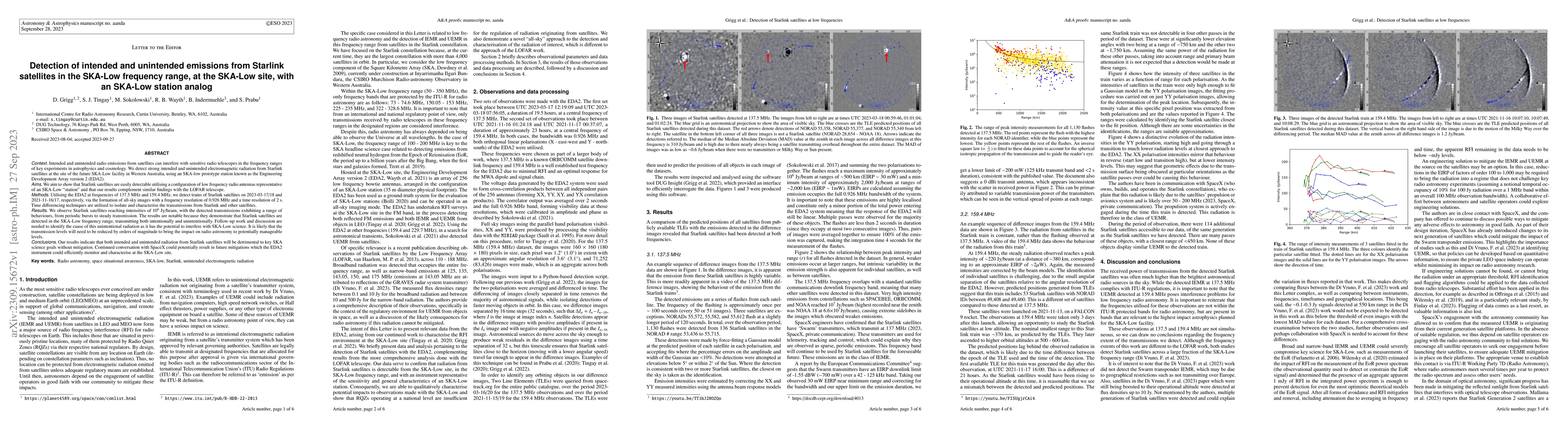 Thumbnail for Detection of intended and unintended emissions from Starlink satellites
  in the SKA-Low frequency range, at the SKA-Low site, with an SKA-Low station
  analog