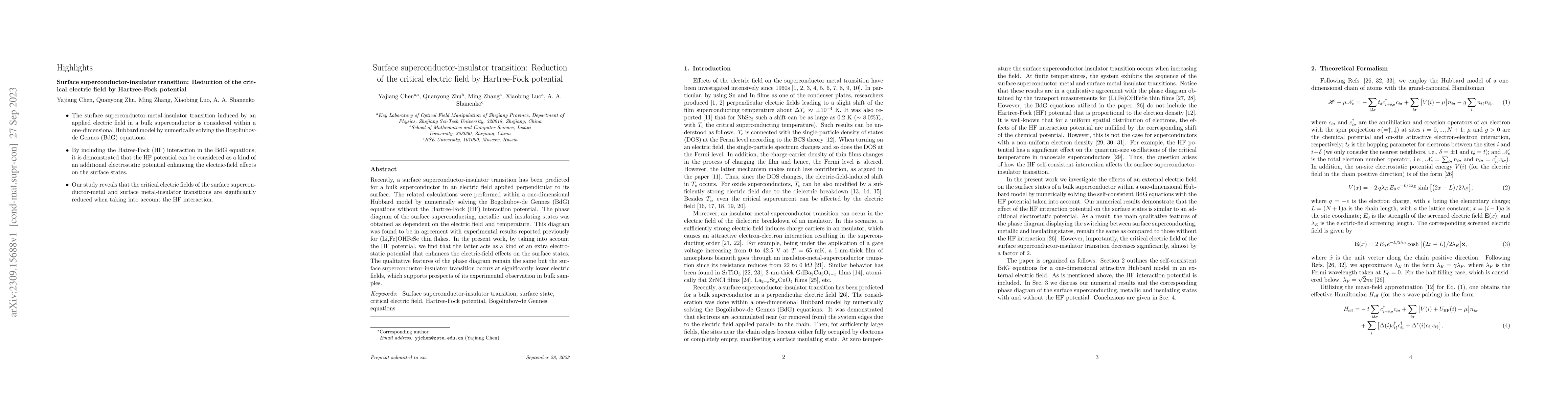 Thumbnail for Surface superconductor-insulator transition: Reduction of the critical
  electric field by Hartree-Fock potential