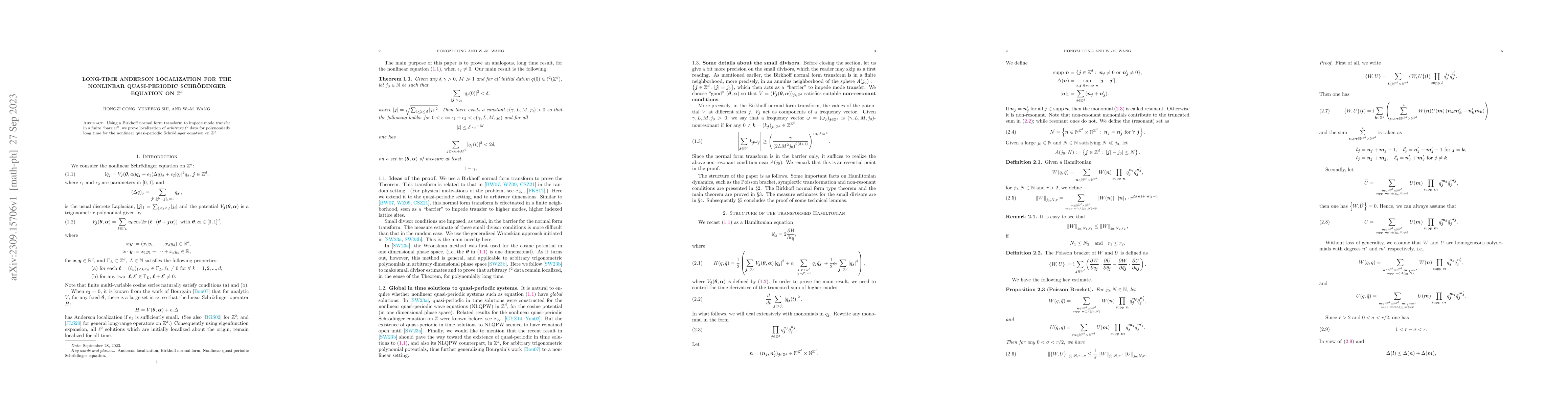 Thumbnail for Long-time Anderson Localization for the Nonlinear quasi-periodic
  Schr\"odinger Equation on $\mathbb Z^d$