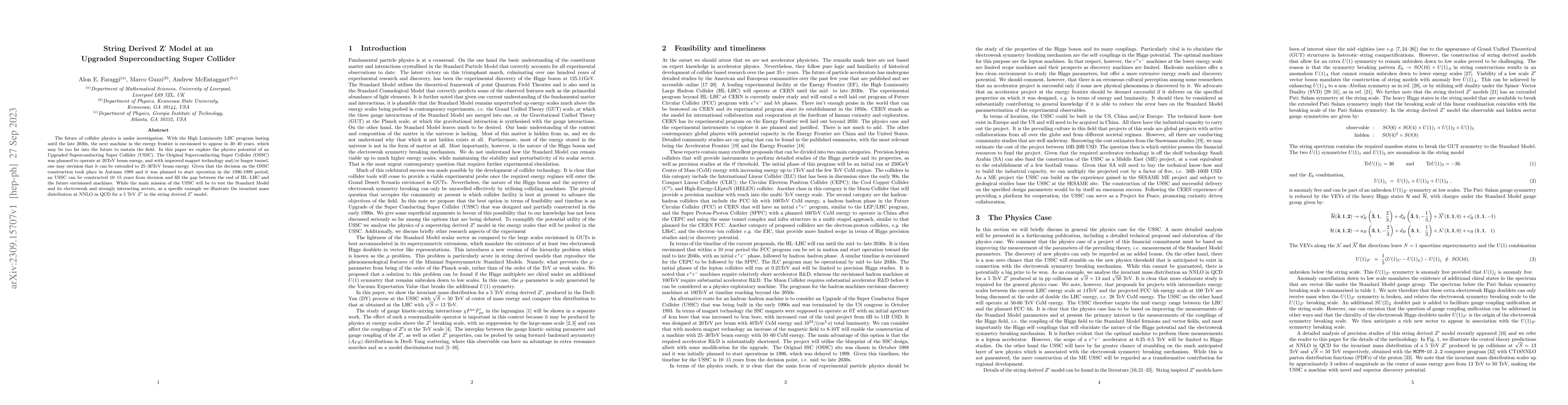 Thumbnail for String Derived Z$^\prime$ Model at an Upgraded Superconducting Super
  Collider