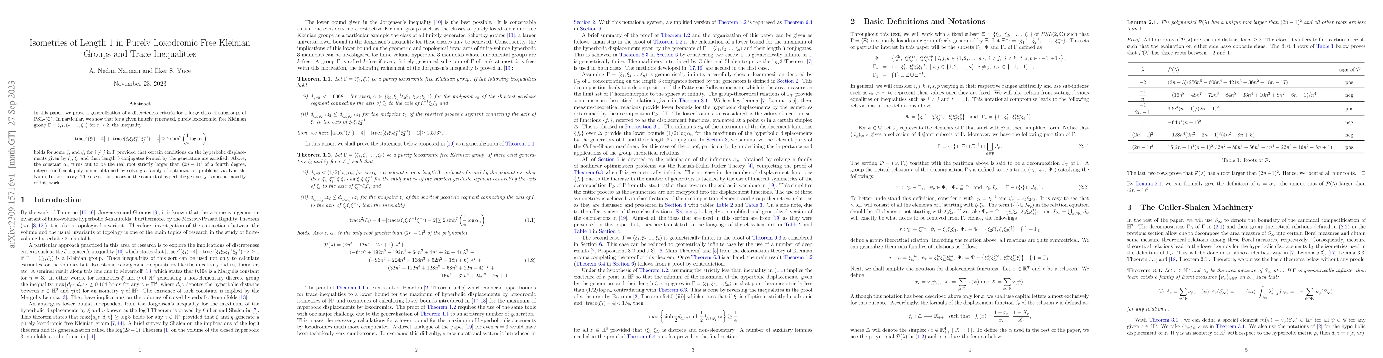 Thumbnail for Isometries of length $1$ in purely loxodromic free Kleinian groups and
  trace inequalities
