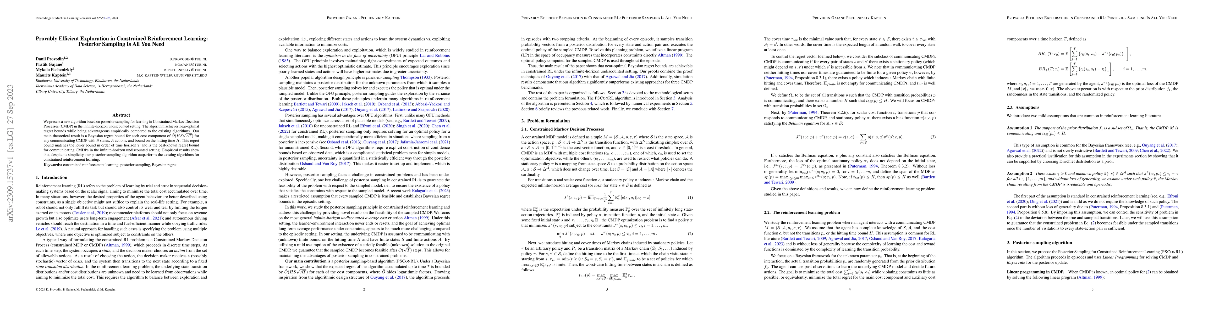 Thumbnail for Provably Efficient Exploration in Constrained Reinforcement
  Learning:Posterior Sampling Is All You Need