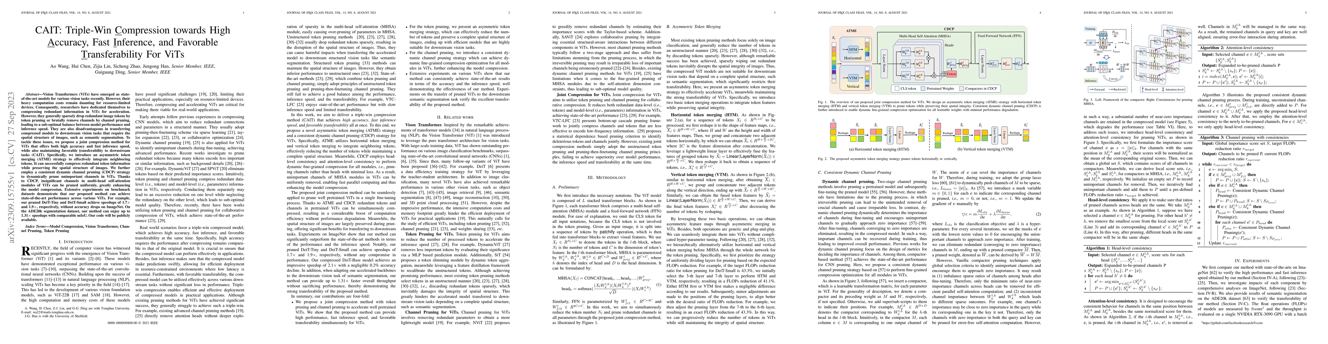 Thumbnail for CAIT: Triple-Win Compression towards High Accuracy, Fast Inference, and
  Favorable Transferability For ViTs
