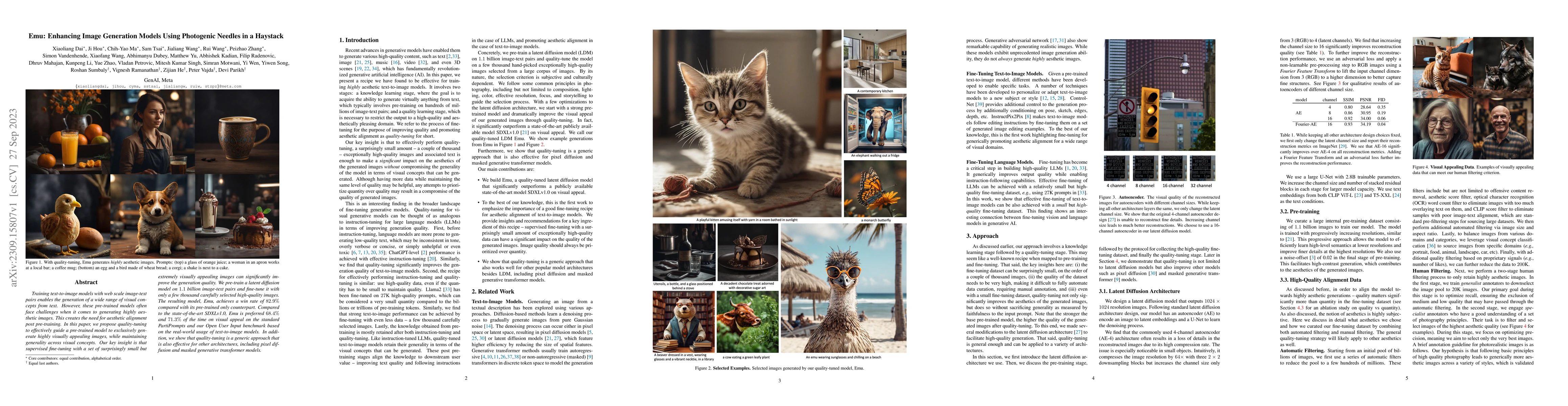 Thumbnail for Emu: Enhancing Image Generation Models Using Photogenic Needles in a
  Haystack