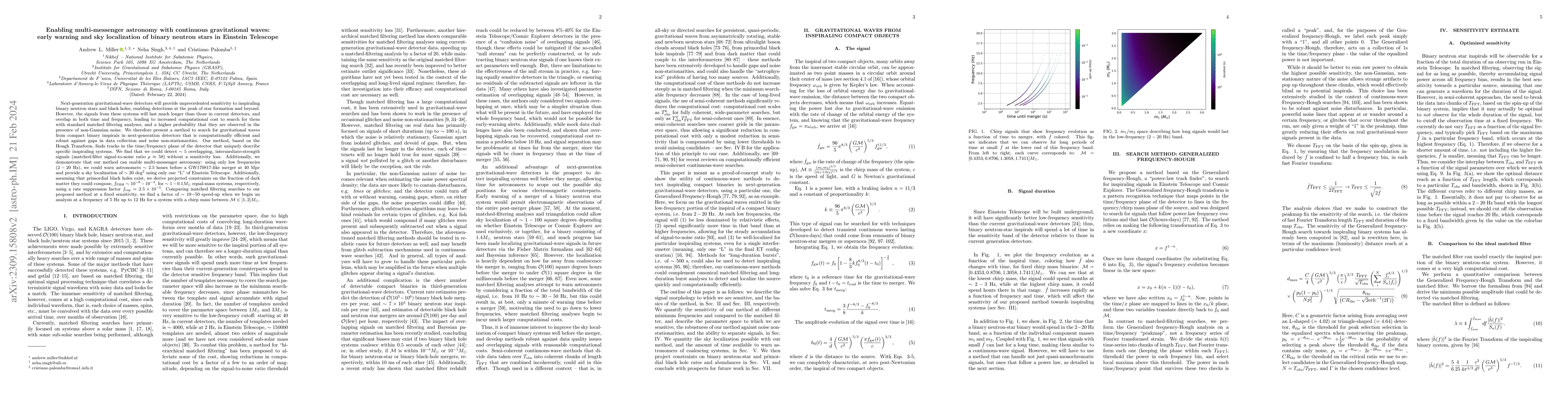 Thumbnail for Enabling multi-messenger astronomy with continuous gravitational waves:
  early warning and sky localization of binary neutron stars in Einstein
  Telescope