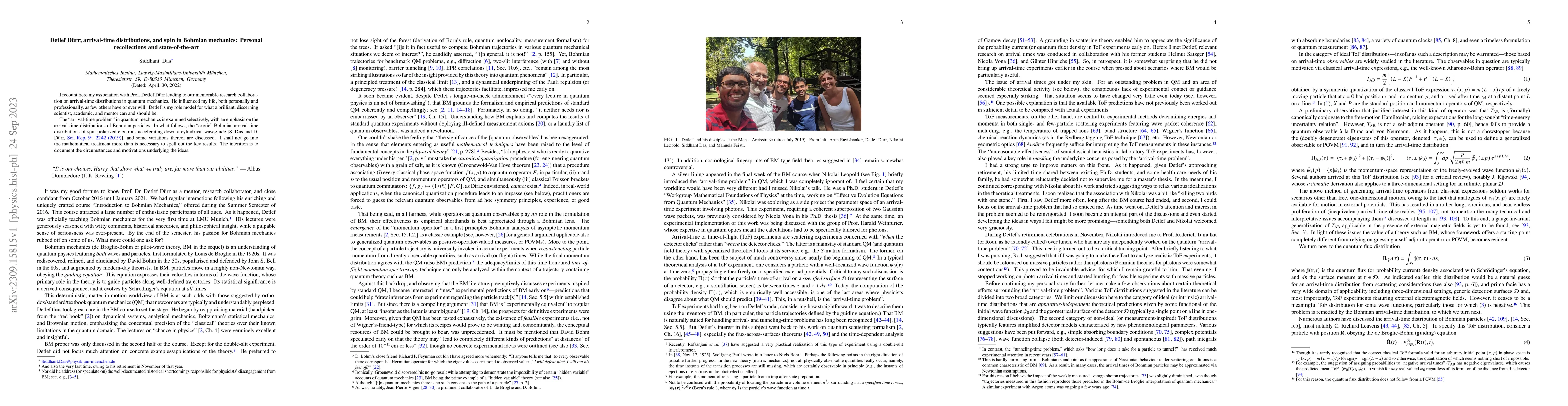 Thumbnail for Detlef D\"urr, arrival-time distributions, and spin in Bohmian
  mechanics: Personal recollections and state-of-the-art