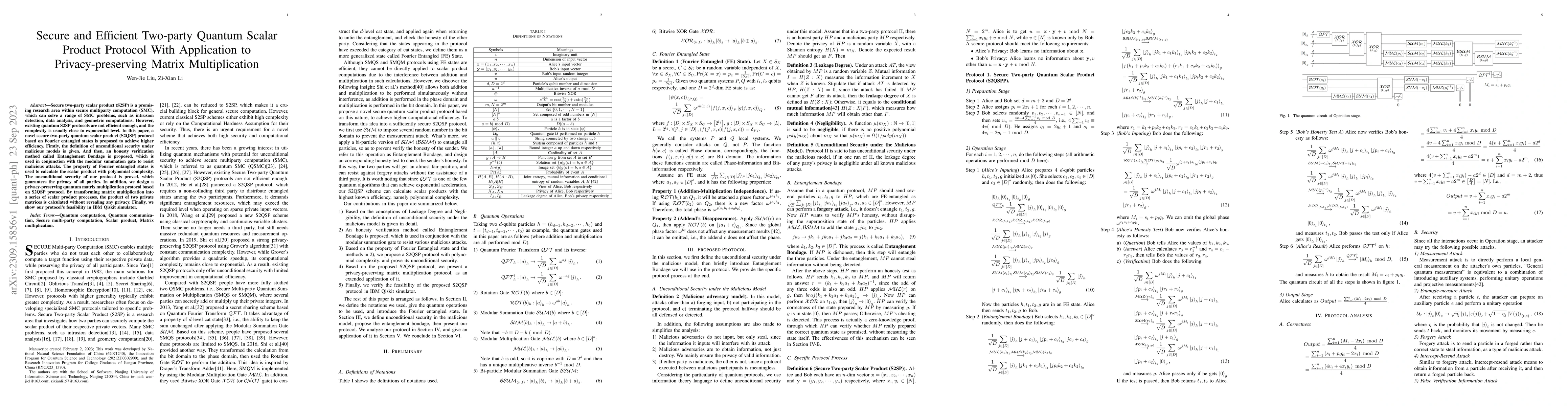 Thumbnail for Secure and Efficient Two-party Quantum Scalar Product Protocol With
  Application to Privacy-preserving Matrix Multiplication