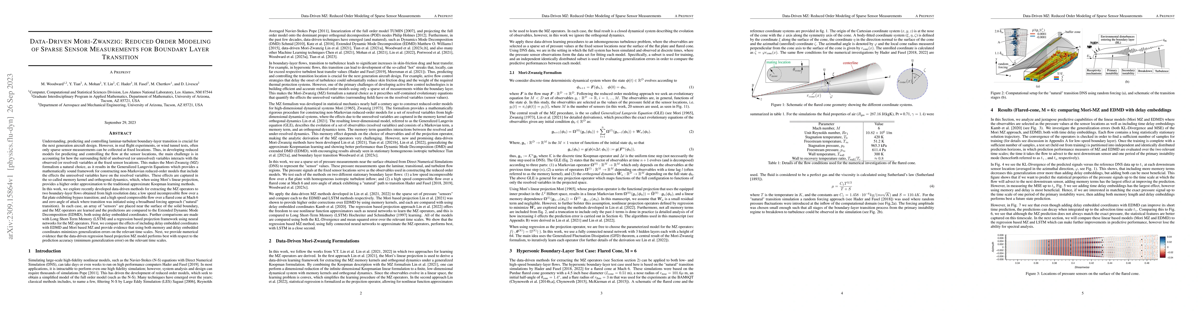 Thumbnail for Data-Driven Mori-Zwanzig: Reduced Order Modeling of Sparse Sensors
  Measurements for Boundary Layer Transition