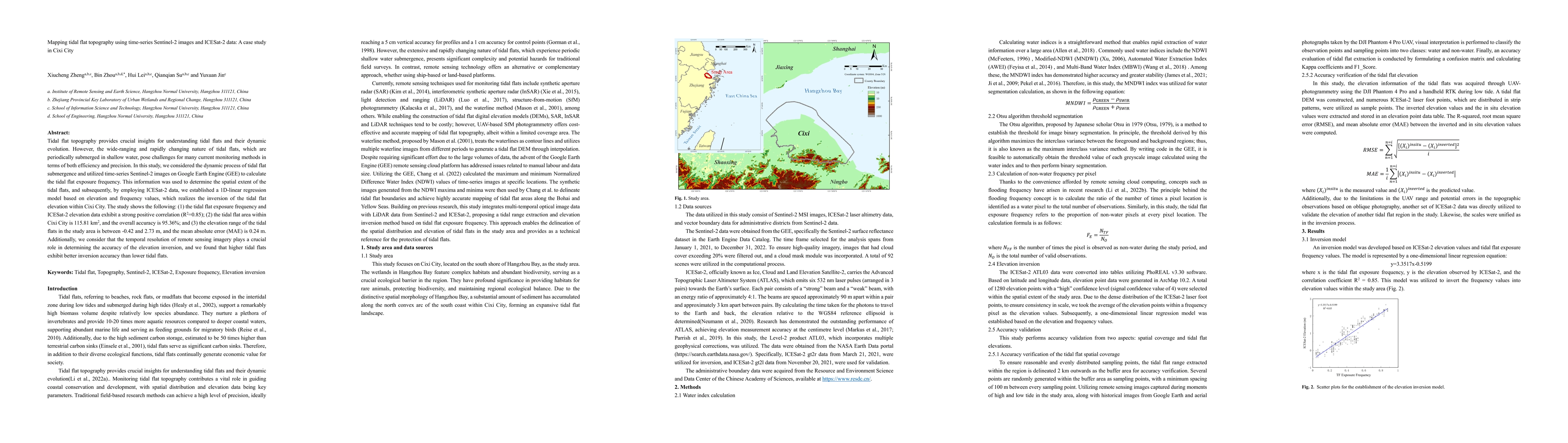 Thumbnail for Mapping tidal flat topography using time-series Sentinel-2 images and
  ICESat-2 data: A case study in Cixi City