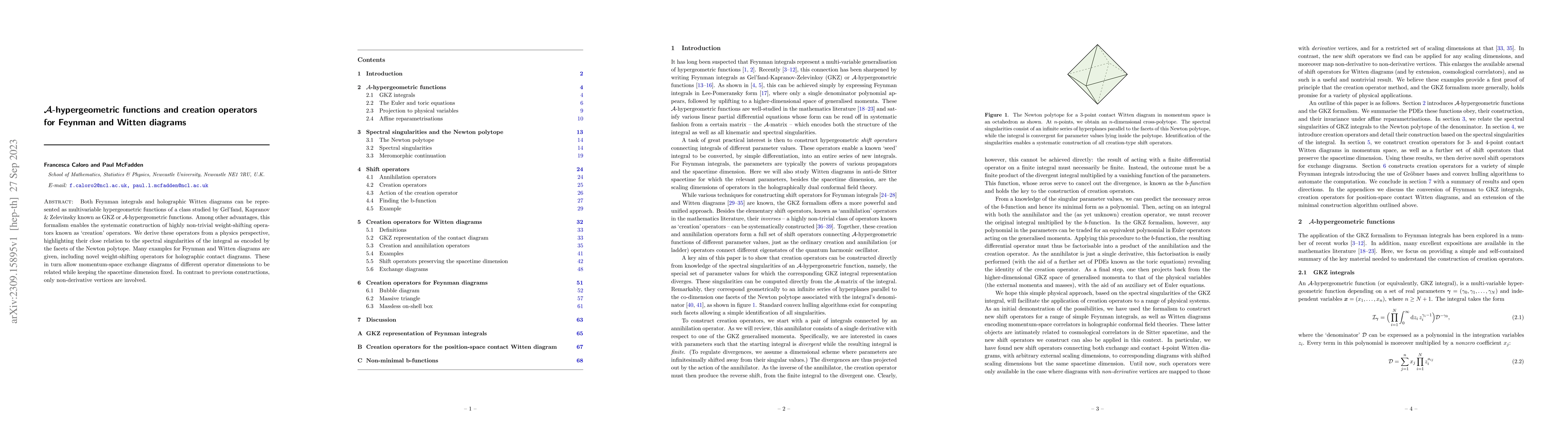 Thumbnail for $\mathcal{A}$-hypergeometric functions and creation operators for
  Feynman and Witten diagrams