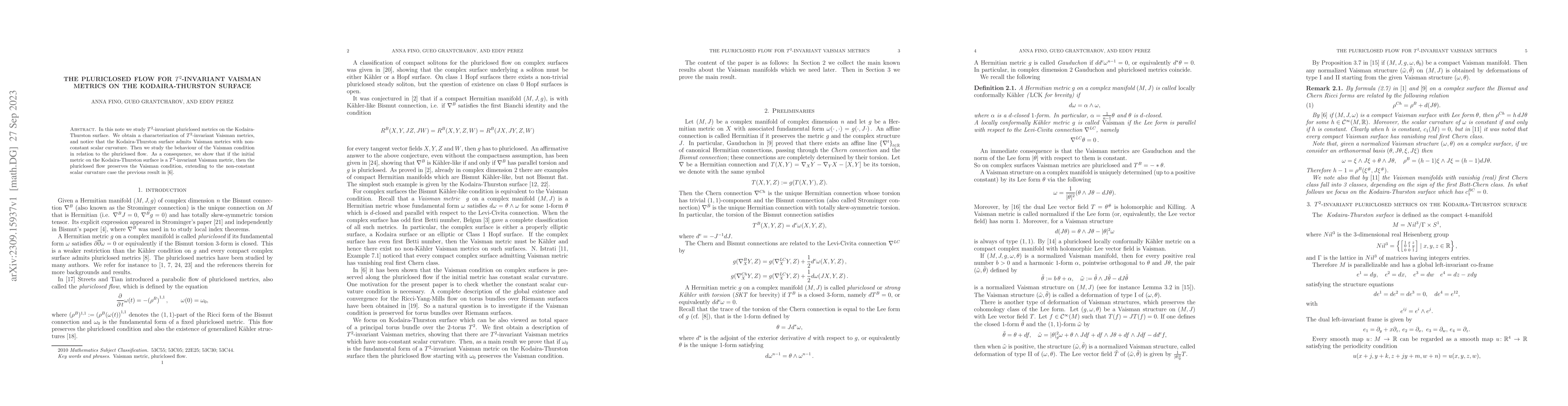 Thumbnail for The pluriclosed flow for $T^2$-invariant Vaisman metrics on the
  Kodaira-Thurston surface
