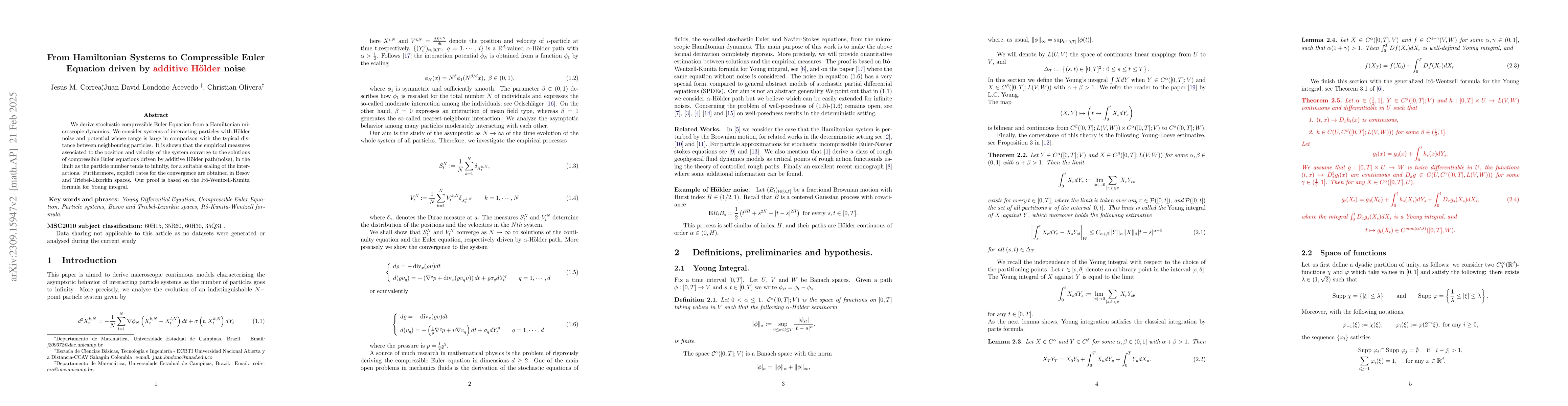 Thumbnail for From Hamiltonian Systems to Compressible Euler Equation driven by
  additive Holder noise
