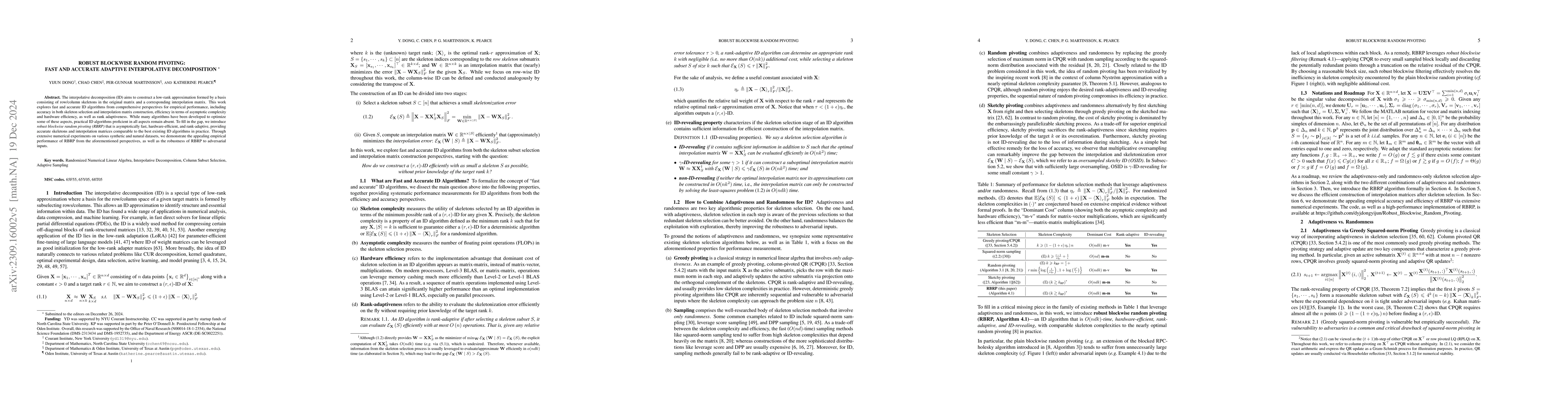 Thumbnail for Robust Blockwise Random Pivoting: Fast and Accurate Adaptive
  Interpolative Decomposition