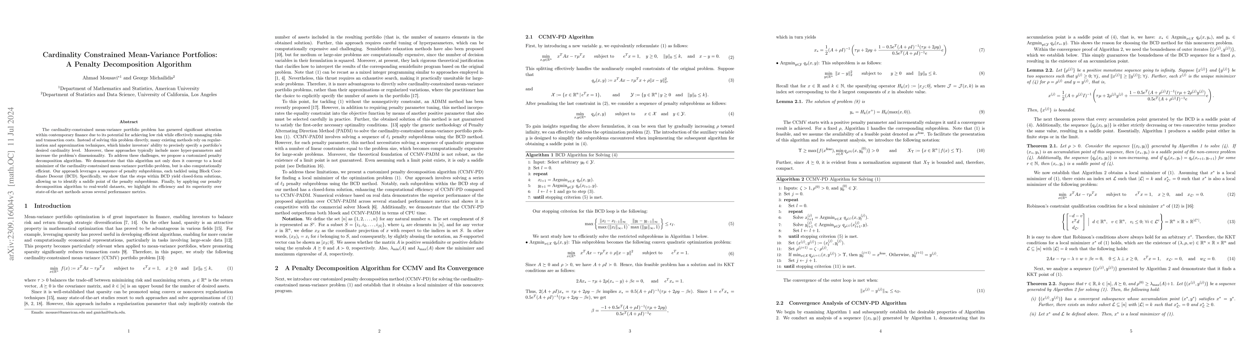 Thumbnail for Cardinality Constrained Mean-Variance Portfolios: A Penalty
  Decomposition Algorithm