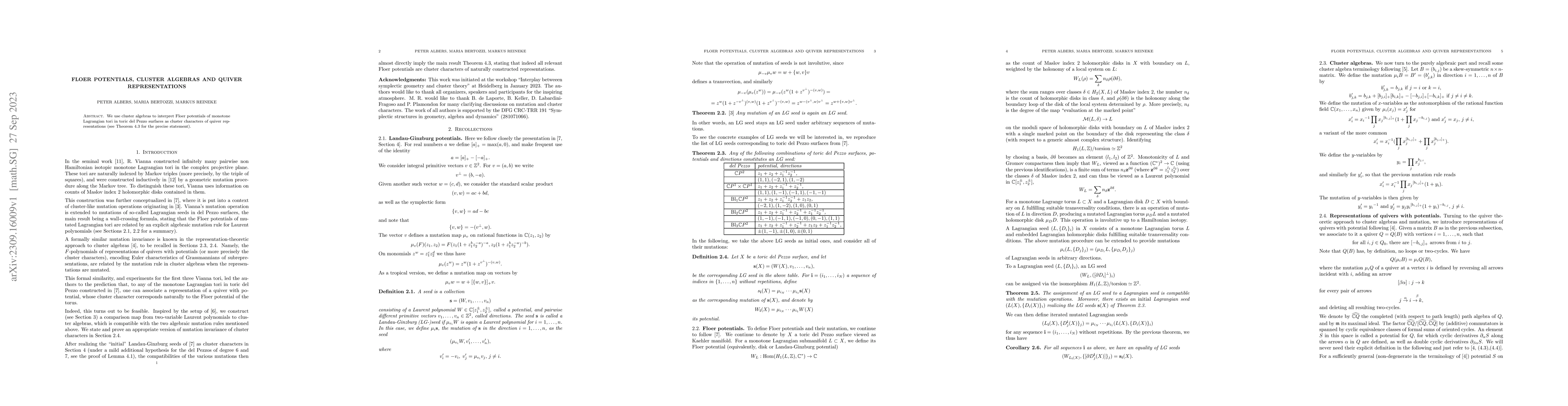 Thumbnail for Floer potentials, cluster algebras and quiver representations