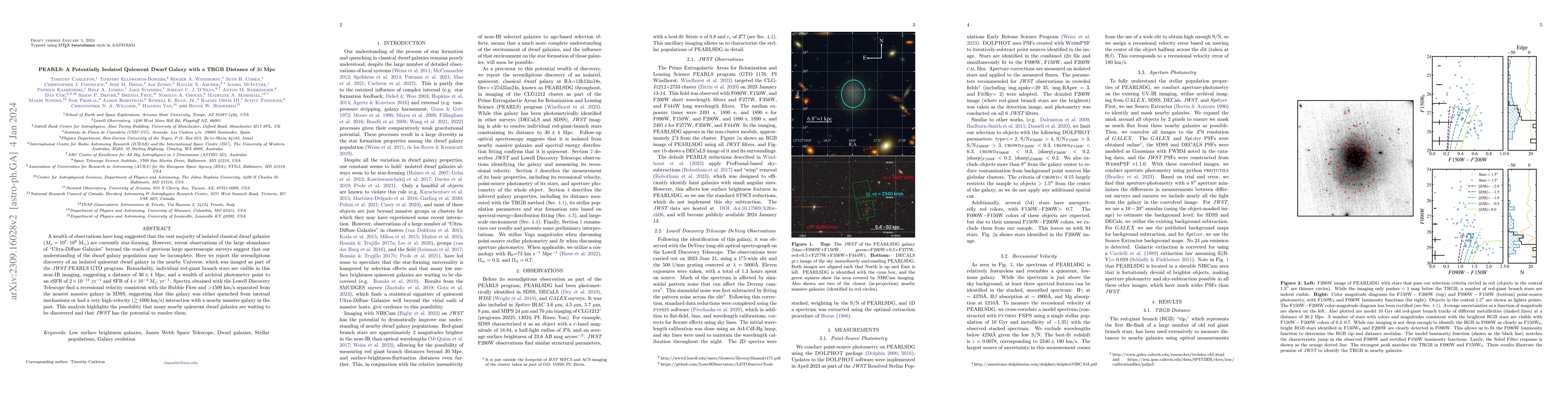 Thumbnail for PEARLS: A Potentially Isolated Quiescent Dwarf Galaxy with a TRGB
  Distance of 30 Mpc