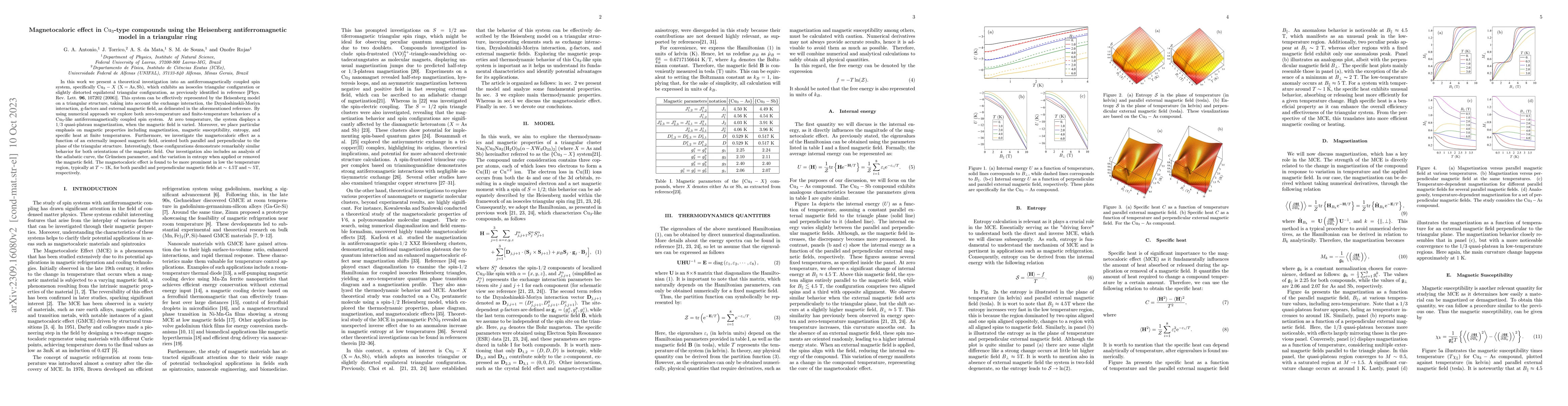 Thumbnail for Magnetocaloric effect in $\mathrm{Cu}_{3}$-type compounds using the
  Heisenberg antiferromagnetic model in a triangular ring