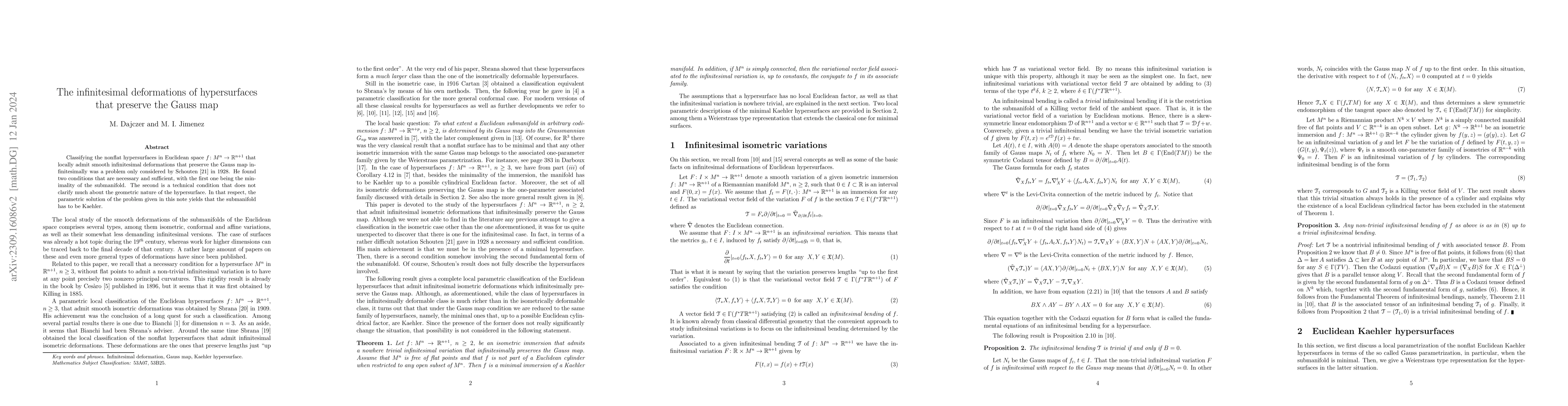 Thumbnail for The infinitesimal deformations of hypersurfaces that preserve the Gauss
  map