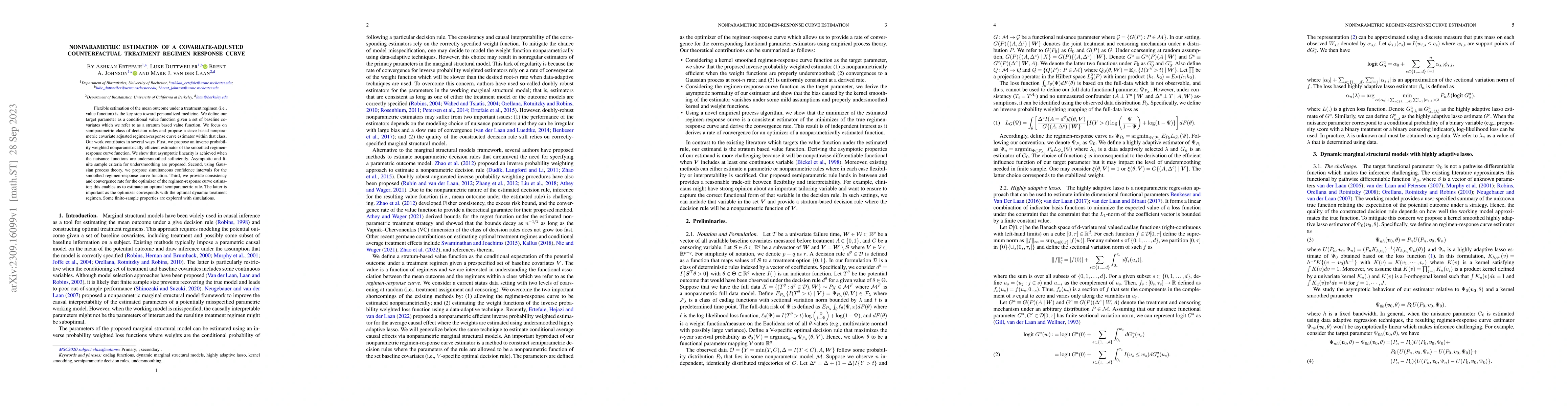 Thumbnail for Nonparametric estimation of a covariate-adjusted counterfactual
  treatment regimen response curve