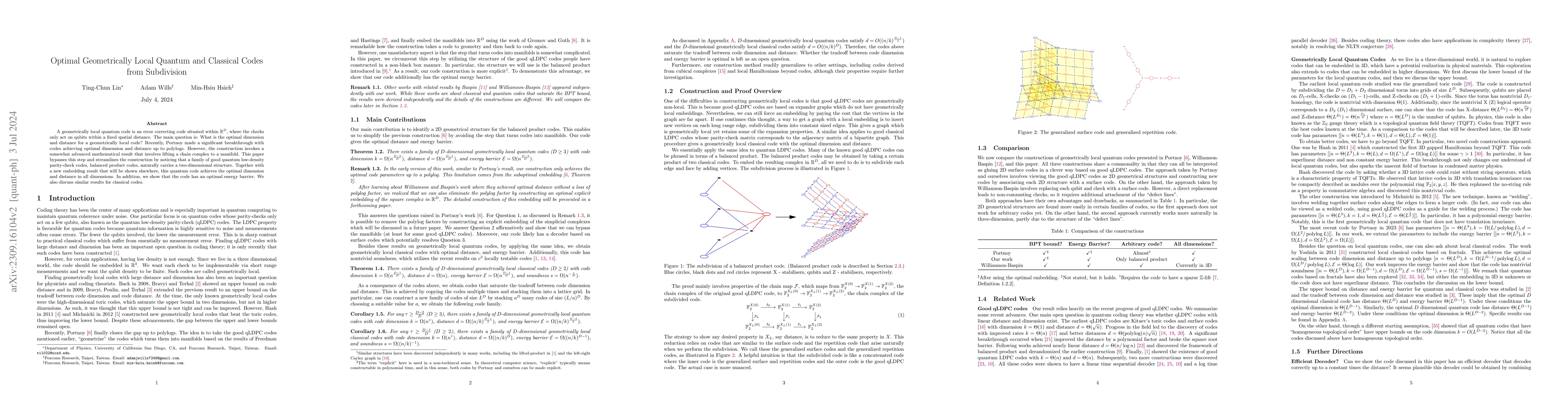 Thumbnail for Geometrically Local Quantum and Classical Codes from Subdivision