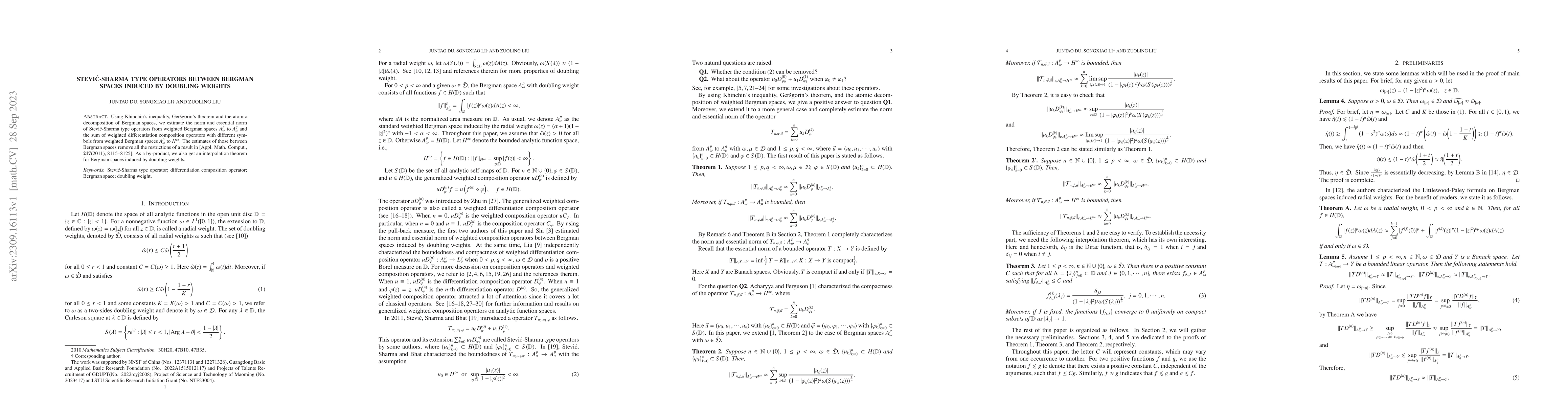 Thumbnail for Stevi\'c-Sharma type operators between Bergman spaces induced by
  doubling weights