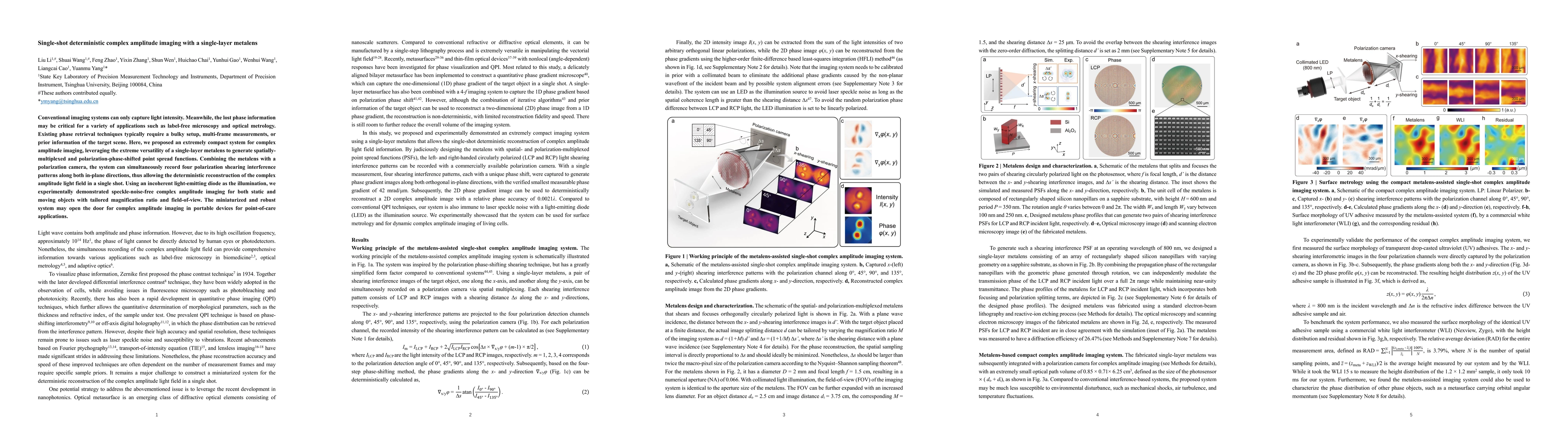 Thumbnail for Single-shot deterministic complex amplitude imaging with a single-layer
  metalens