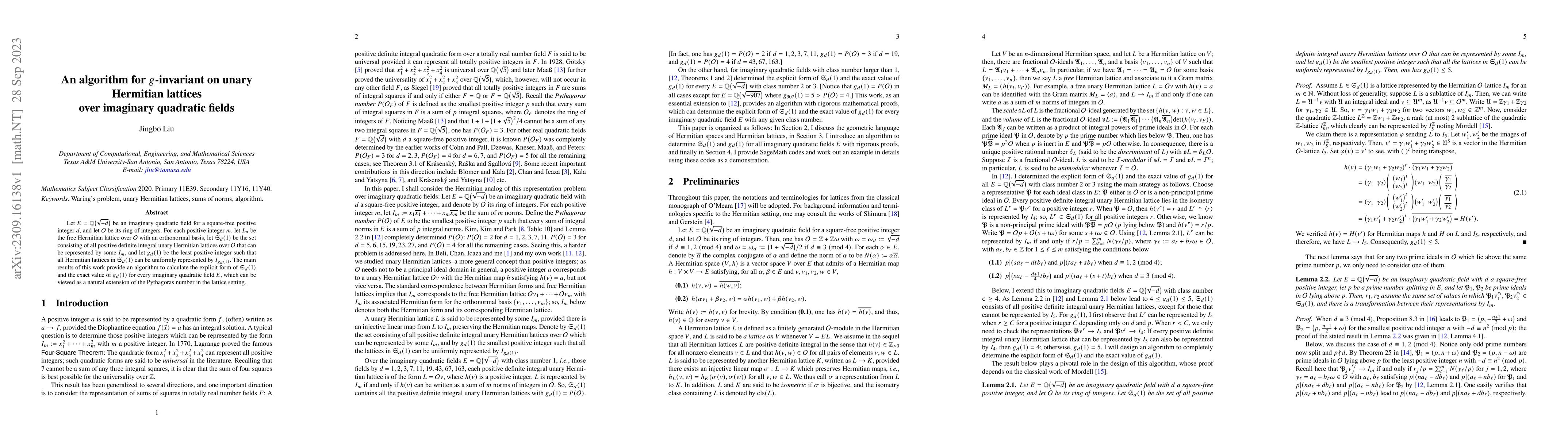 Thumbnail for An algorithm for $g$-invariant on unary Hermitian lattices over
  imaginary quadratic fields