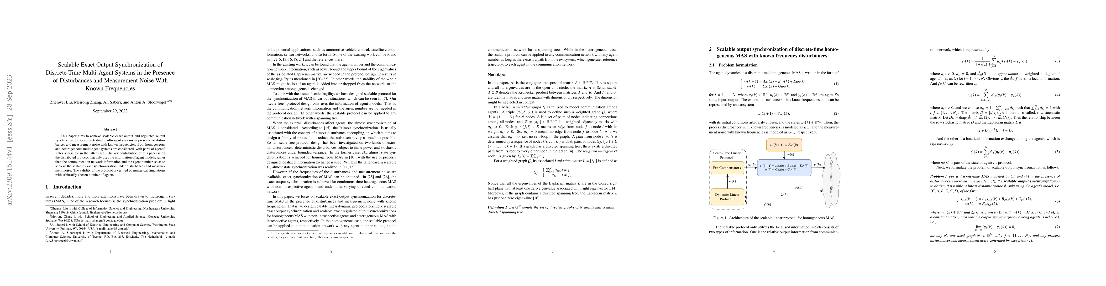 Thumbnail for Scalable Exact Output Synchronization of Discrete-Time Multi-Agent
  Systems in the Presence of Disturbances and Measurement Noise With Known
  Frequencies