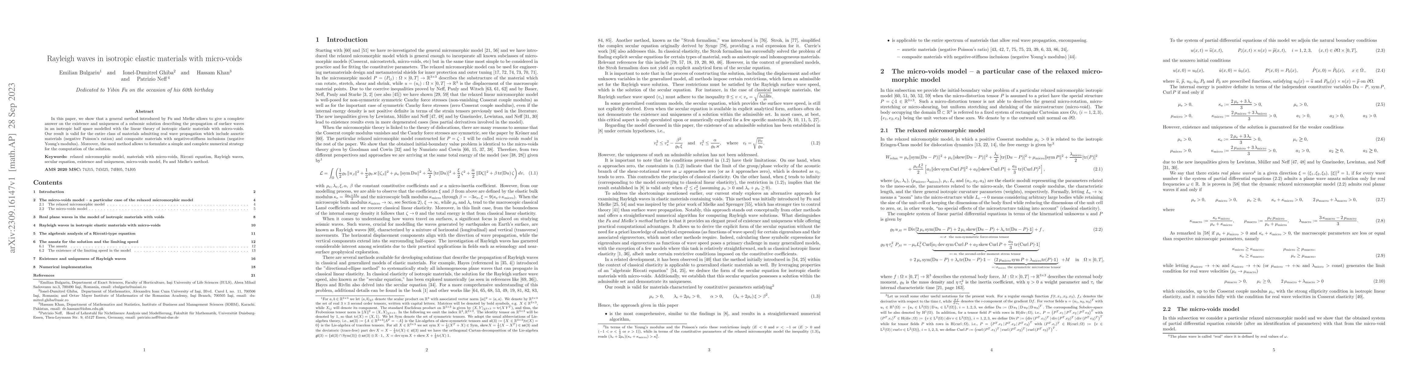 Thumbnail for Rayleigh waves in isotropic elastic materials with micro-voids