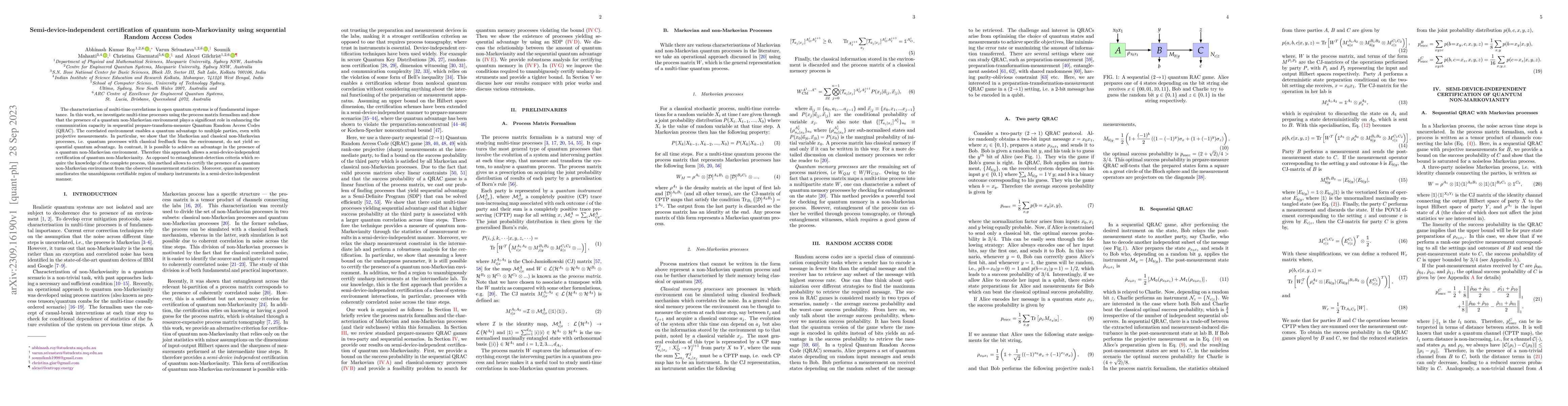 Thumbnail for Semi-device-independent certification of quantum non-Markovianity using
  sequential Random Access Codes