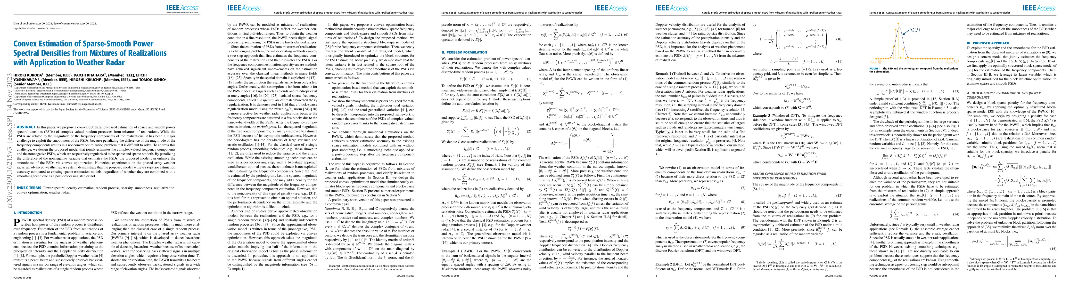 Thumbnail for Convex Estimation of Sparse-Smooth Power Spectral Densities from
  Mixtures of Realizations with Application to Weather Radar