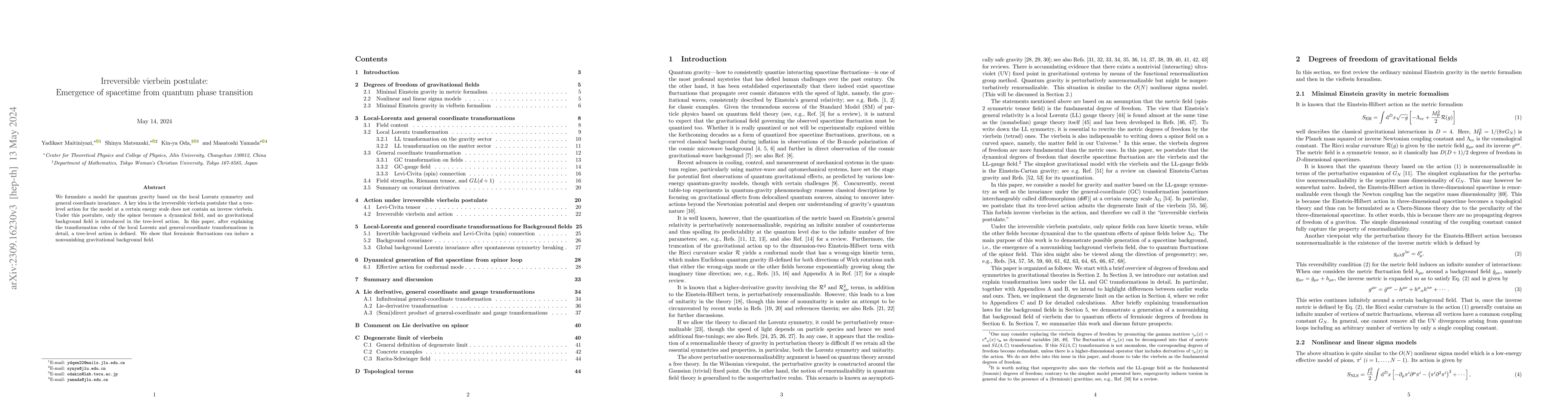 Thumbnail for Irreversible vierbein postulate: Emergence of spacetime from quantum
  phase transition
