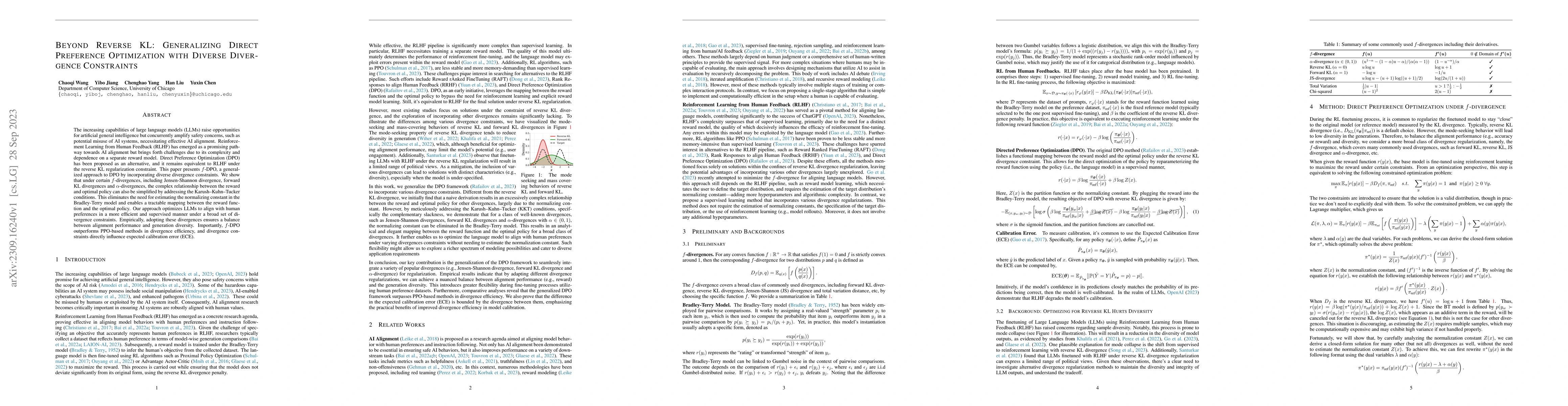 Thumbnail for Beyond Reverse KL: Generalizing Direct Preference Optimization with
  Diverse Divergence Constraints